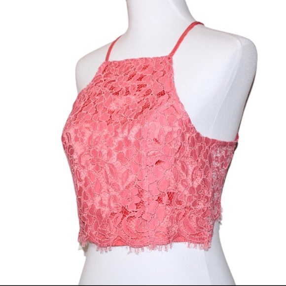 NBD Pink Floral Scallop Lace Fringe Cross-Back Halter Crop Top XSmall - Picture 11 of 16